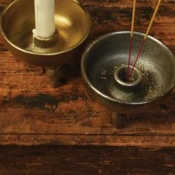 Homart New Arrivals Footed Taper Candle & Incense Holder In Brass