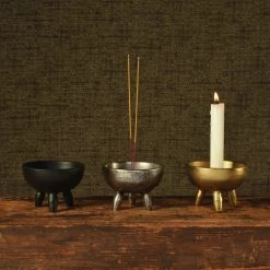 Homart New Arrivals Footed Taper Candle & Incense Holder In Brass