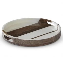 K & K Interiors Round Mango Wood Enameled Striped Tray New Arrivals