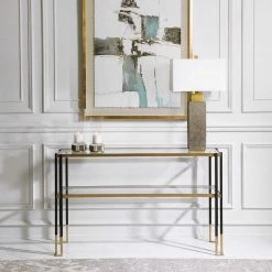 Uttermost Black & Gold Glass Top Console Furniture