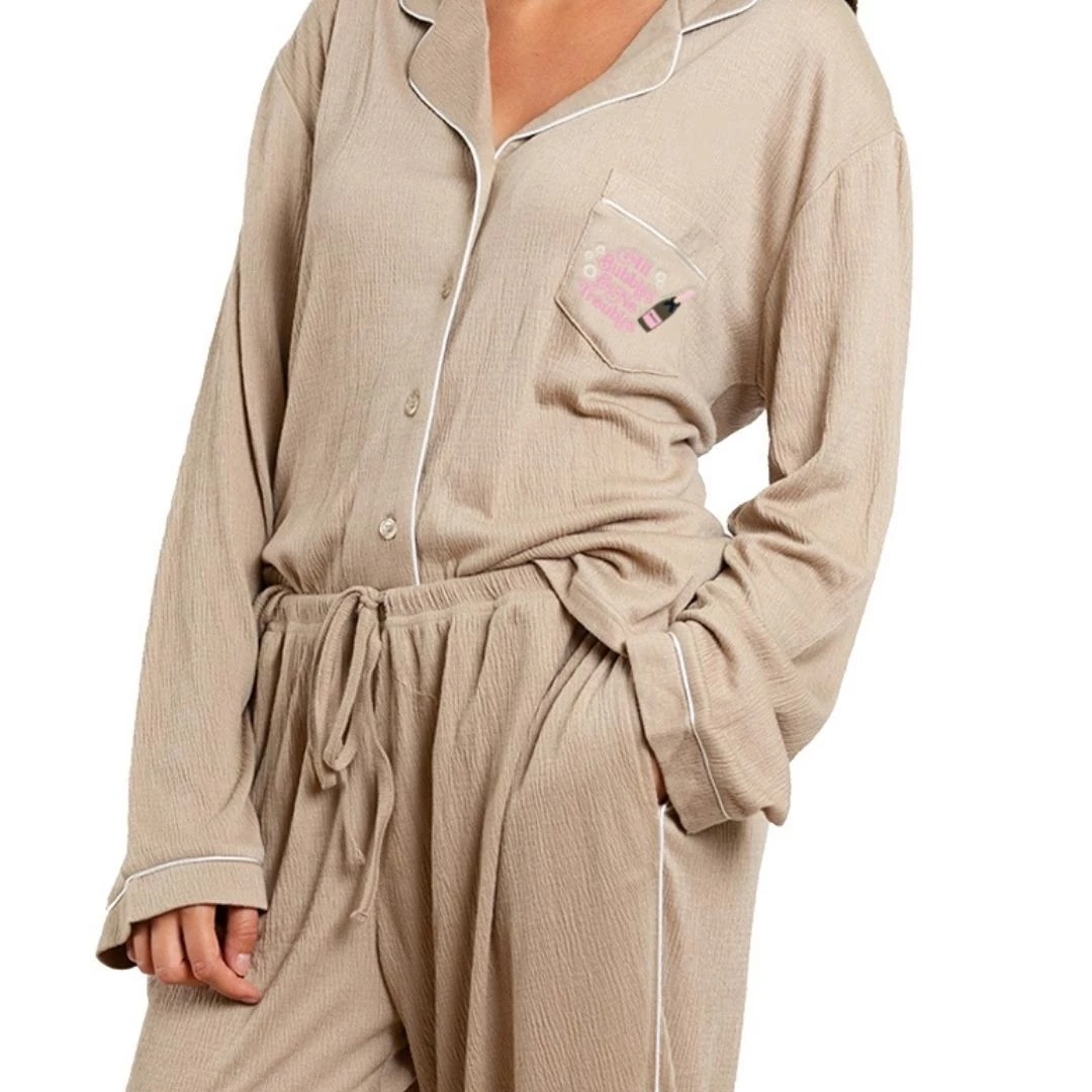 LA | TC Luxe Creped Pajama Set - Tan Champagne Lifestyle 4 LA | TC Luxe Creped Pajama Set - Tan Champagne Lifestyle