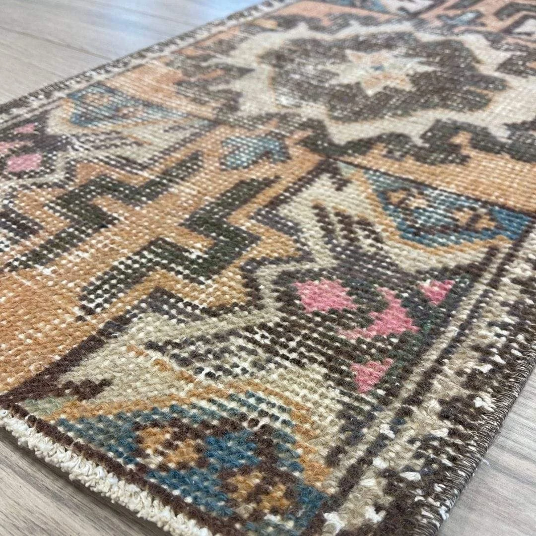 Rugser Adila - Tan, Green & Pink Turkish Mini Rug 4 Rugser Adila - Tan, Green & Pink Turkish Mini Rug