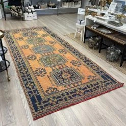 Rugser Behiye - Burnt Orange/Yellow, Blue & Green Turkish Wide Runner Rug