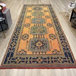 Rugser Behiye - Burnt Orange/Yellow, Blue & Green Turkish Wide Runner Rug