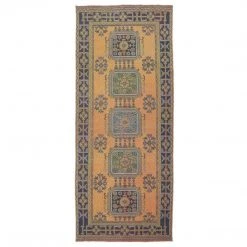 Rugser Behiye - Burnt Orange/Yellow, Blue & Green Turkish Wide Runner Rug