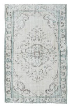Rugser Esin - Faded Beige With Turquoise Border Vintage Turkish Rug