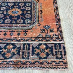 Rugser Orange And Navy Vintage Turkish Runner